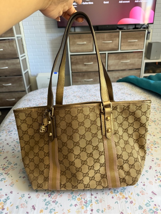 Gucci Handbags - Gucci Tan Brown GG Canvas Tote with Gold Trim